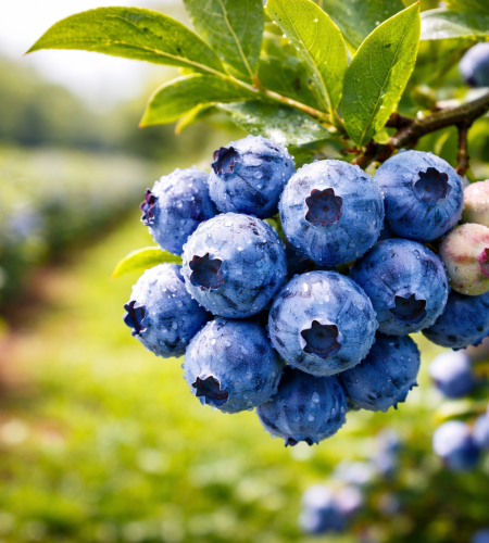 fresh blueberries on a sunlit bush