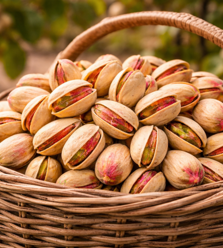 freshly harvested pistachios in basket