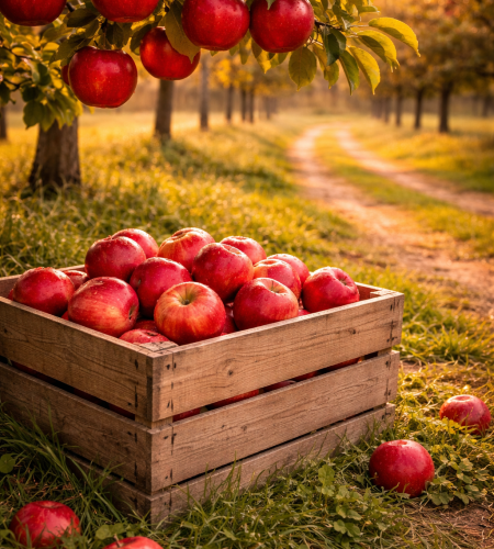 golden apples in a rustic crate